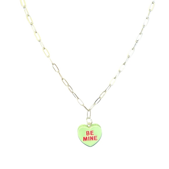 Unb Jewelry - Conversation Hearts Be Mine Mint Green Heart Charm Silver Necklace Chain
